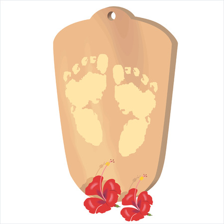 Hibiscus in frond of a wooden piece having gurus foot printsのイラスト素材