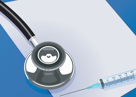 Stethoscope and Syringe on a white paper のイラスト素材
