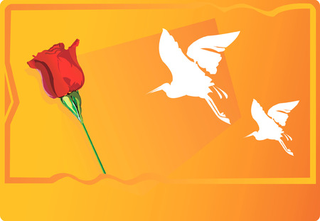 red bud and two cranes flying in orange backgroundのイラスト素材