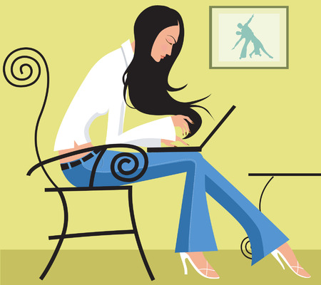 A lady with blue jeans and white top on a table typing on a laptop のイラスト素材