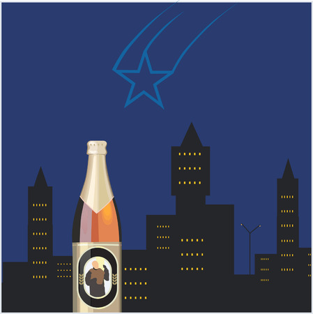 beer in a background of tall buildings and a flying starのイラスト素材
