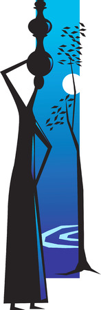 A woman carrying water pot on her head from a river and a tree next to it and also a full moon.のイラスト素材