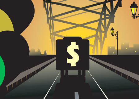 a truck with dollar moving through a empty roadのイラスト素材