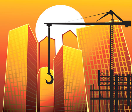 Illustration of lifting crane near buildingsのイラスト素材