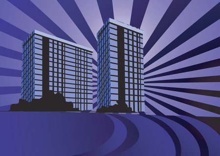 Illustration of two multi-storey  buildings under radiant violet beam lights	のイラスト素材