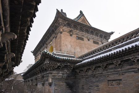 Winter scenery of Yongzuo Temple with twin towers in Taiyuan, Shanxi, China.