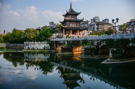 The scenery of Jiaxiu Tower, a historical and cultural landmark in Guiyang City, Guizhou Province, China.のeditorial素材