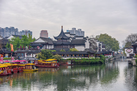 The architectural scenery of the Confucius Temple on the Qinhuai River in Nanjing City, Jiangsu Province.のeditorial素材