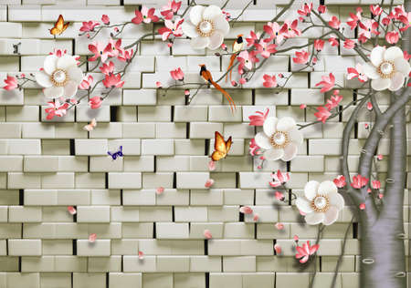 3D wallpaper beautiful flower tree with brick background nice butterfly