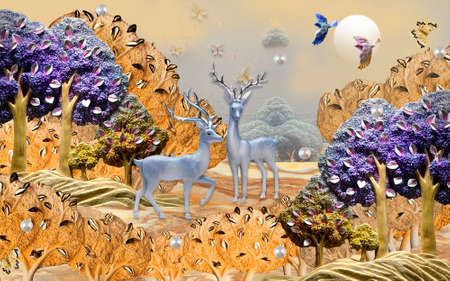 3D wallpaper green tree and birds, deer background