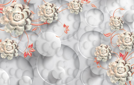 3D wallpaper beautiful rose flower and circle background for living roomの写真素材