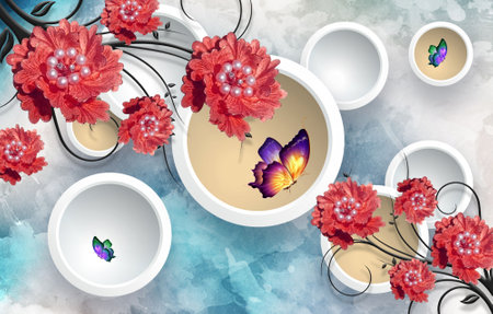 3D wallpaper flower and butterfly abstract background beautiful design for interiorの写真素材