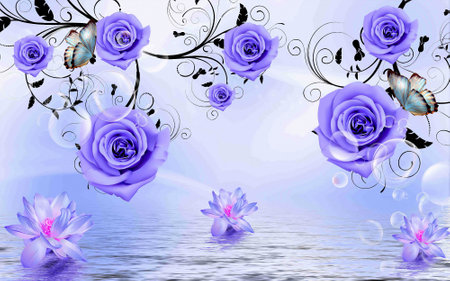 3d wallpaper blue rose flower and butterfly and swan beautiful design bubble backgroundの写真素材