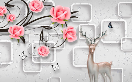 3D illustration rose flower wallpaper beautiful flower and deer 3d  backgroundの写真素材