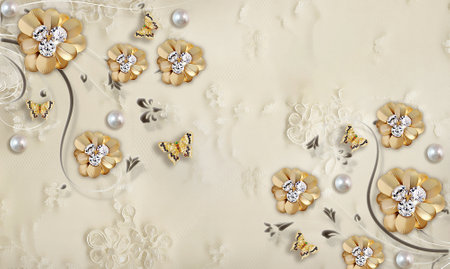 3D  jewelry flower diamond and butterfly, pearls on abstract backgroundの写真素材