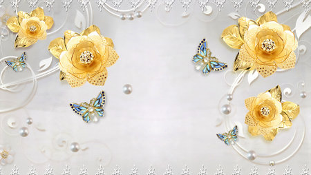 3D Golden flower and butterflies, pearls with texture background designの写真素材