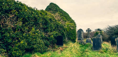 Ireland celtic cross at medieval church cemetery Old spooky cemetery. Haunted cemetery. Scary place. Old gravesの写真素材