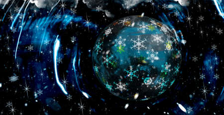 Christmas planet. Christmas ornament with snowflakes in space. Christmas cards. Illustrationの写真素材
