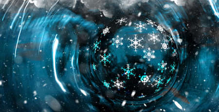 Christmas planet. Christmas ornament with snowflakes in space. Christmas cards. Illustrationの写真素材