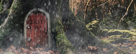 Fairytale fantasy house in tree trunk in forest. Small doors in the tree. Dwarf house.の写真素材