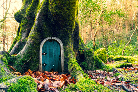 Fairytale fantasy house in tree trunk in forest. Small doors in the tree. Dwarf house.の写真素材