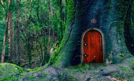 Fairytale fantasy house in tree trunk in forest. Small doors in the tree. Dwarf house.の写真素材