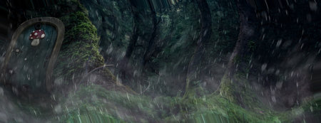 Fairytale fantasy house in tree trunk in forest. Small doors in the tree. Dwarf house.の写真素材