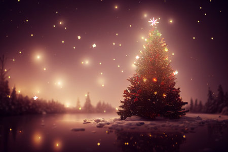 Digital illustration of magic Christmas tree against snowy landscape with fir trees and shining stars in the sky backgroundの素材