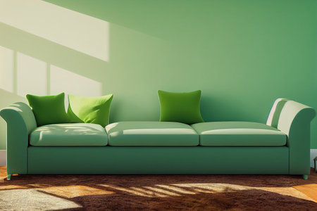 Bright living room interior in modern minimalist design style with green sofa, coffee table, floor lamp and houseplant on empty white wall background. 3D illustration from my own 3D rendering file.の写真素材