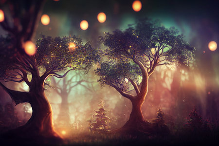 Deep in a distant, hidden, mysterious forest sits an enchanting fairy tree home inside an old white oak, shrouded in mystery and magic, 3d renderの写真素材