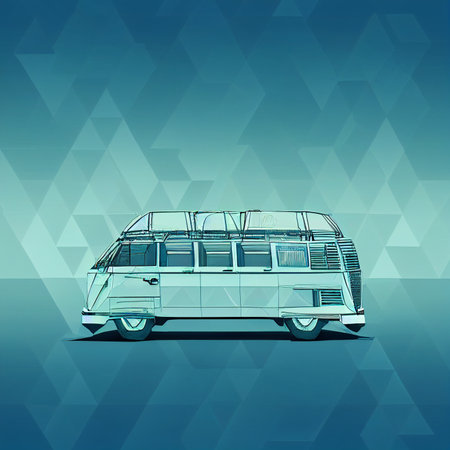 Blue camper. 3D lowpoly isometric digital illustration. The set of objects isolated against the blue poly background and shown from profile sidesの写真素材