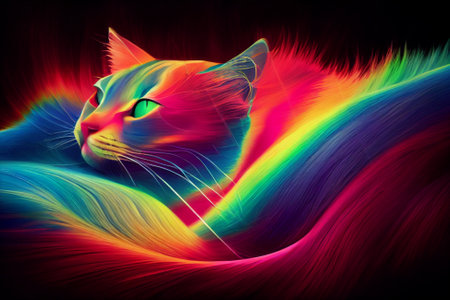 3D illustration of an abstract cat shining in rainbow colors, infinite turbulence, fluorescent red colors comforting and relaxing design.の写真素材