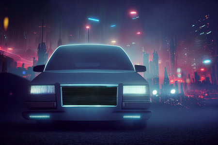 3d render sports car with neon lights goes to the camera on a fog and blur background