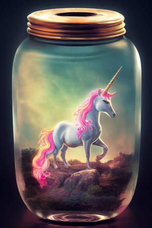 Beautiful, unicorn, magic horse and flowers in a glass mason jar. Fantasy digital illustration isolated on blackの写真素材