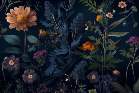 Floral seamless pattern in rustic style on dark blue background, watercolor print with abstract wild flowers, plants and leaves for textiles, wallpapers or decorative texture.の写真素材