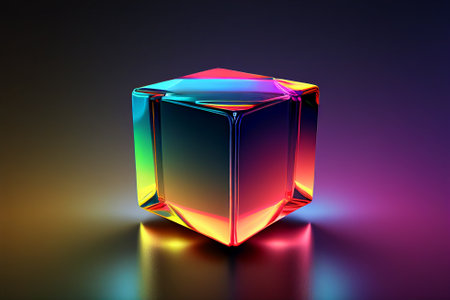 Cube with glowing neon lights. Futuristic technology visualization. 3D rendering illustrationの写真素材