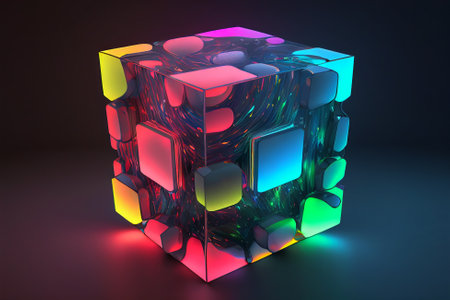 Cube with glowing neon lights. Futuristic technology visualization. 3D rendering illustrationの写真素材