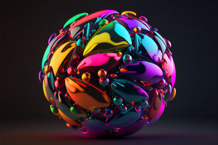 3d render, abstract geometric background, neon light, ultraviolet spectrum, glowing decorative balls, balloons, candy, primitive shapes, minimalistic design, party decoration, toys, isolated elementsの写真素材