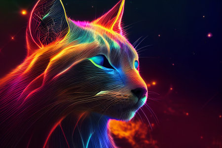 3D illustration portrait of an abstract lynx shining in rainbow colors, infinite turbulence,...
