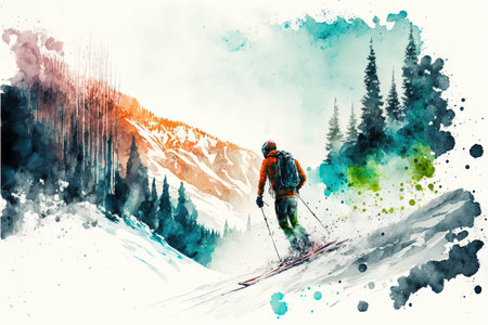 Winter skier and mountains landscape. Generative AI illustratin like watercolor style.の写真素材