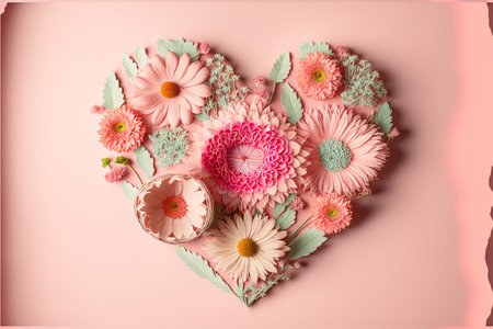 Cute background with flowers in love and flower heart. Generative and illustration floral heart....