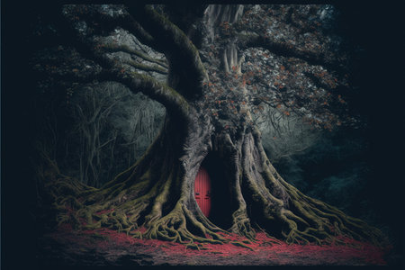 Fairy tree house with old red door in fantasy dark forest. Generative and illustration