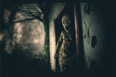 Scary monster in fog night forest. Fear and horror. Mystic horror concept. Generative and illustration.の写真素材
