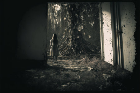 Scary monster in fog night forest. Fear and horror. Mystic horror concept. Generative and illustration.の写真素材