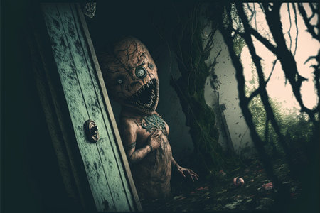 Scary monster in fog night forest. Fear and horror. Mystic horror concept. Generative and illustration.の写真素材