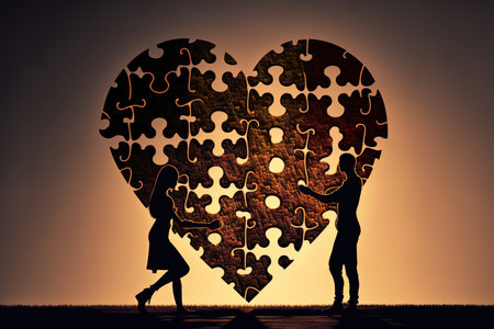Cute couple holding a big red puzzle heart, Valentines day and love concept. Generative and illustrationの写真素材