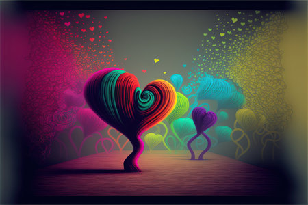 Abstract colorful heart tree background design for valentine card. Generative and illustration.