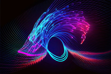 Wave lines trails flowing dynamic in diverse colors isolated on black background. Abstract futuristic background, science, digital and communication concept. Generative and illustrationの写真素材