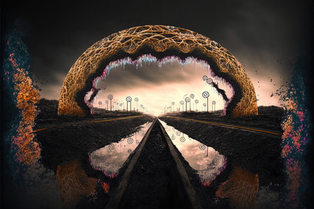 portal on the old road or train. surreal abstract landscape background. Generative and illustrationの写真素材