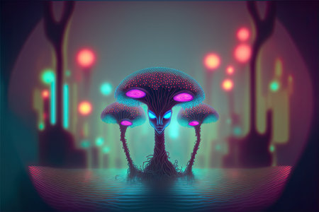 Three alien sponges with faces stand in the water in a colorfully lit futuristic city. surreal cyberpunk background for various events. Generative and illustrationの写真素材